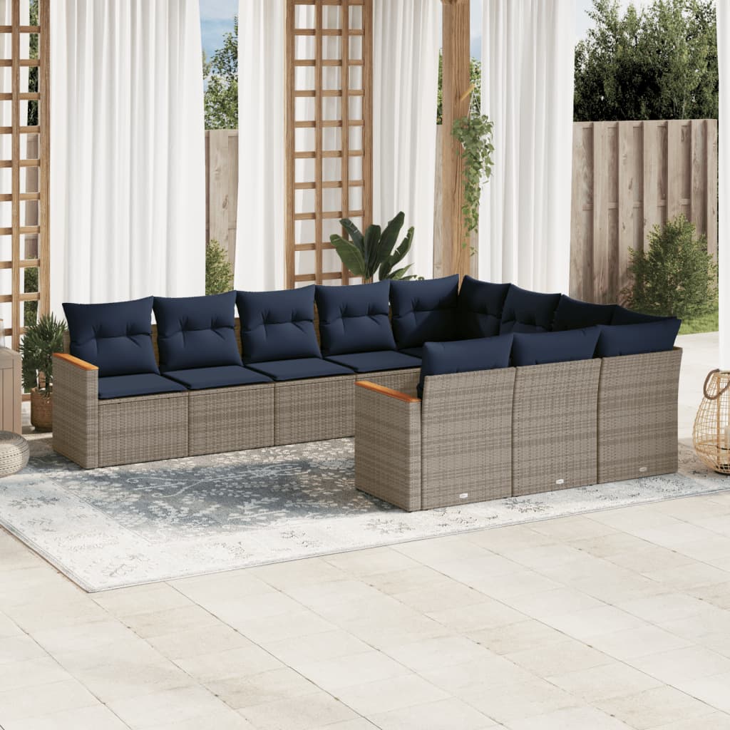 havesofasæt med 10 dele og hynder grå polyrattan