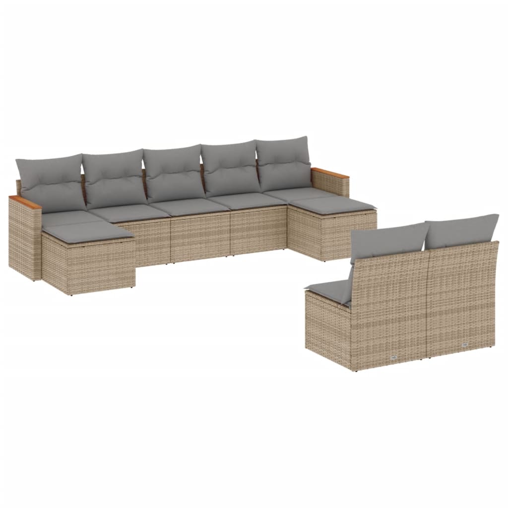 spisebordssæt til haven 9 dele med hynder polyrattan beige