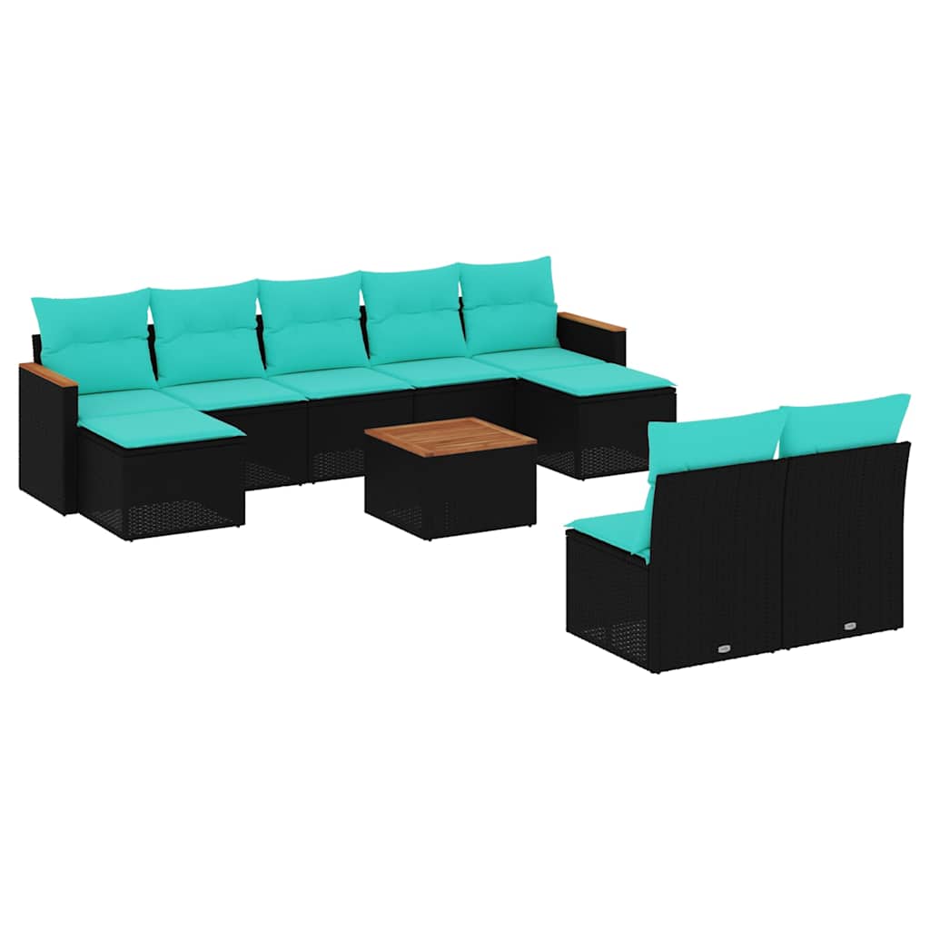 havesofasæt med 10 hynder sort polyrattan