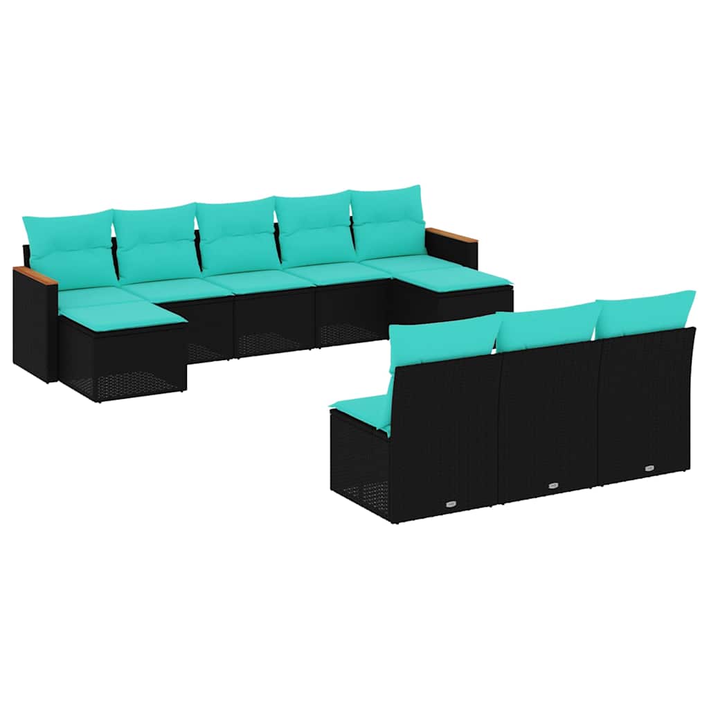 havesofasæt med 10 hynder sort polyrattan