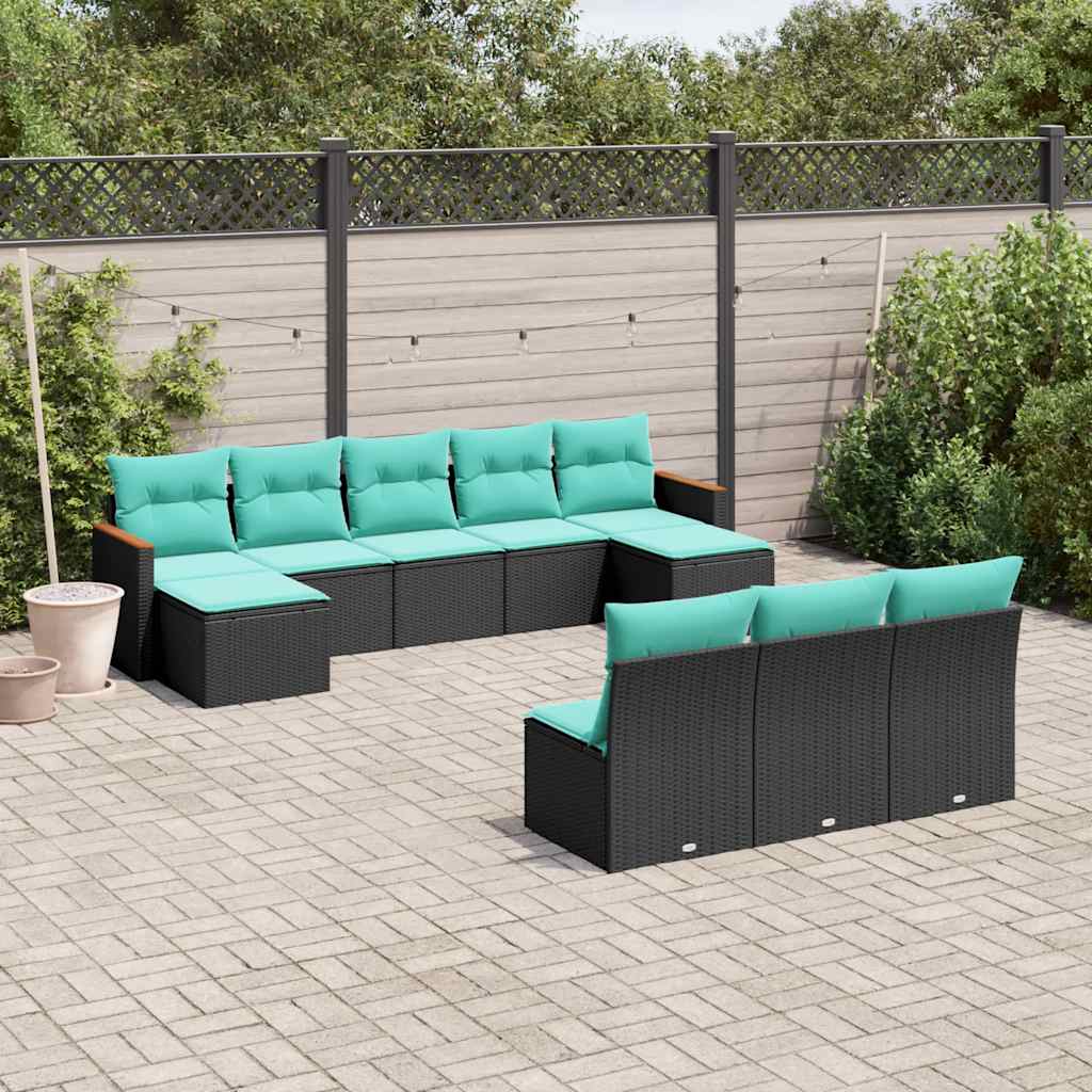 havesofasæt med 10 hynder sort polyrattan