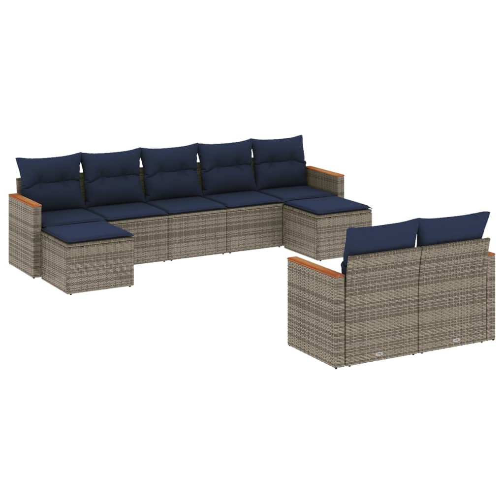 havesofasæt med 9 dele og hynder grå polyrattan