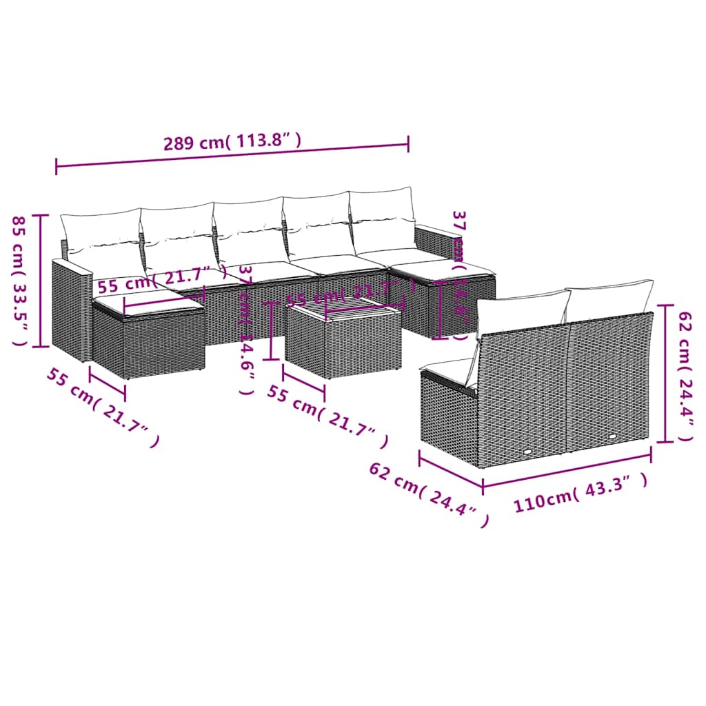 havesofasæt med 10 hynder sort polyrattan