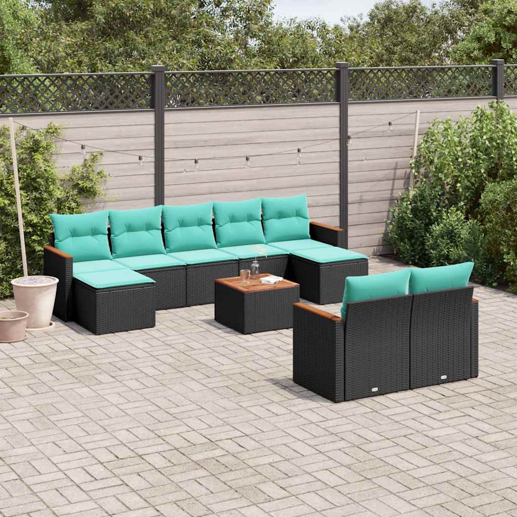 havesofasæt med 10 hynder sort polyrattan
