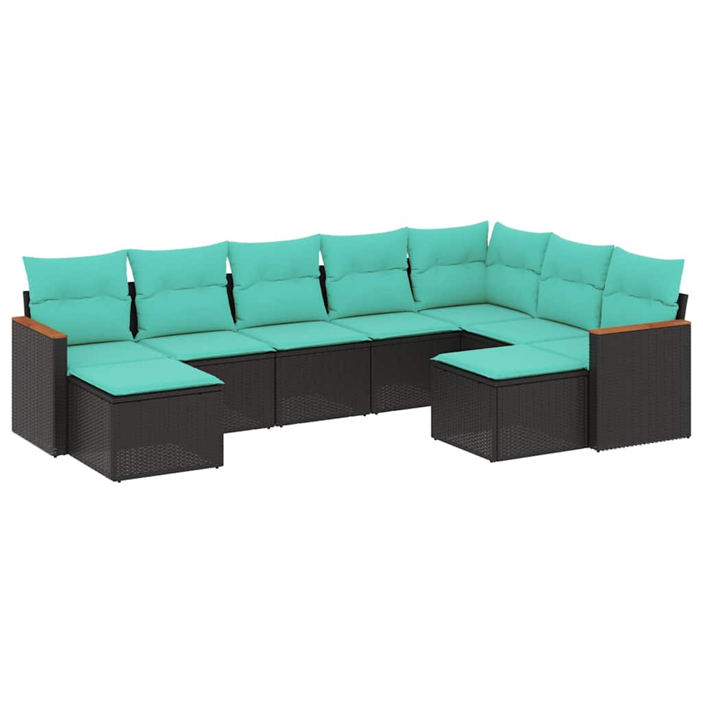 havesofasæt med 9 dele og hynder sort polyrattan