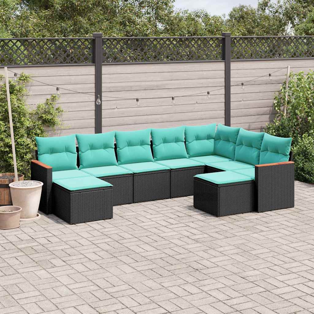 havesofasæt med 9 dele og hynder sort polyrattan