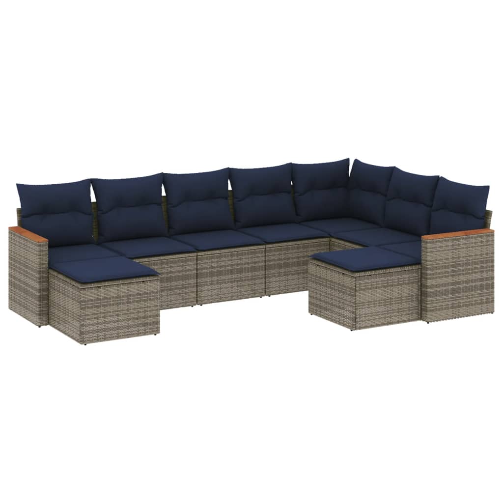 havesofasæt med 9 dele og hynder grå polyrattan
