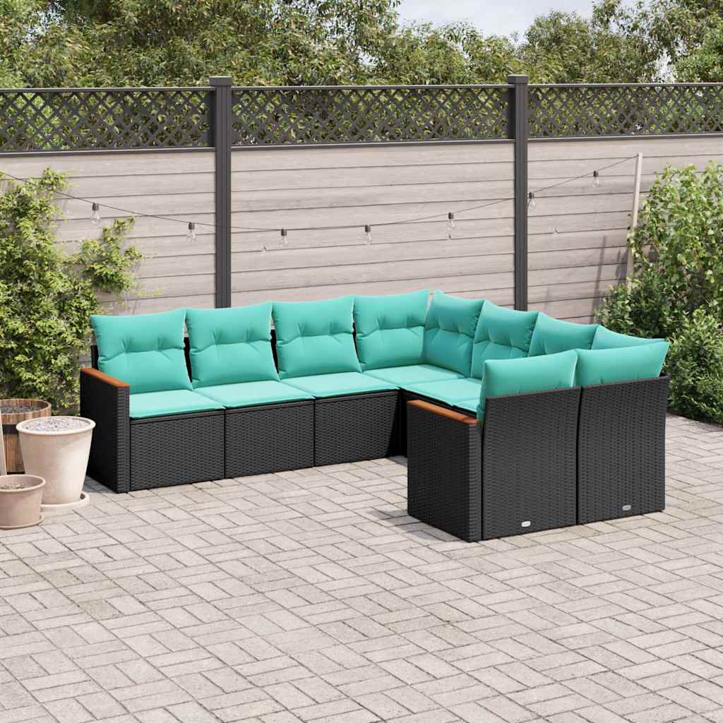 8-delt havesofasæt med hynder sort polyrattan