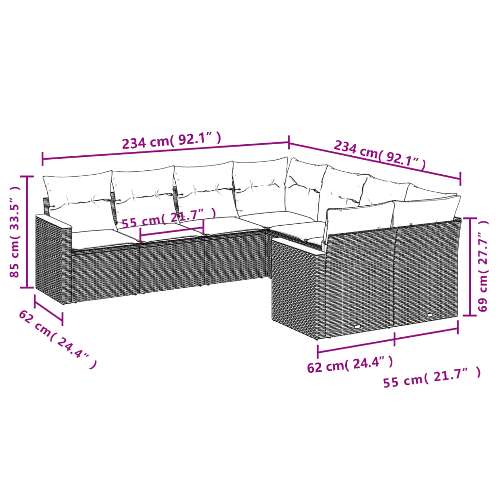 havesofasæt med 8 hynder grå polyrattan