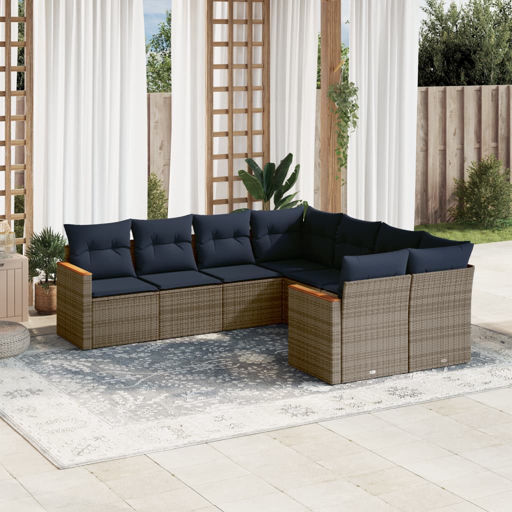 havesofasæt med 8 hynder grå polyrattan