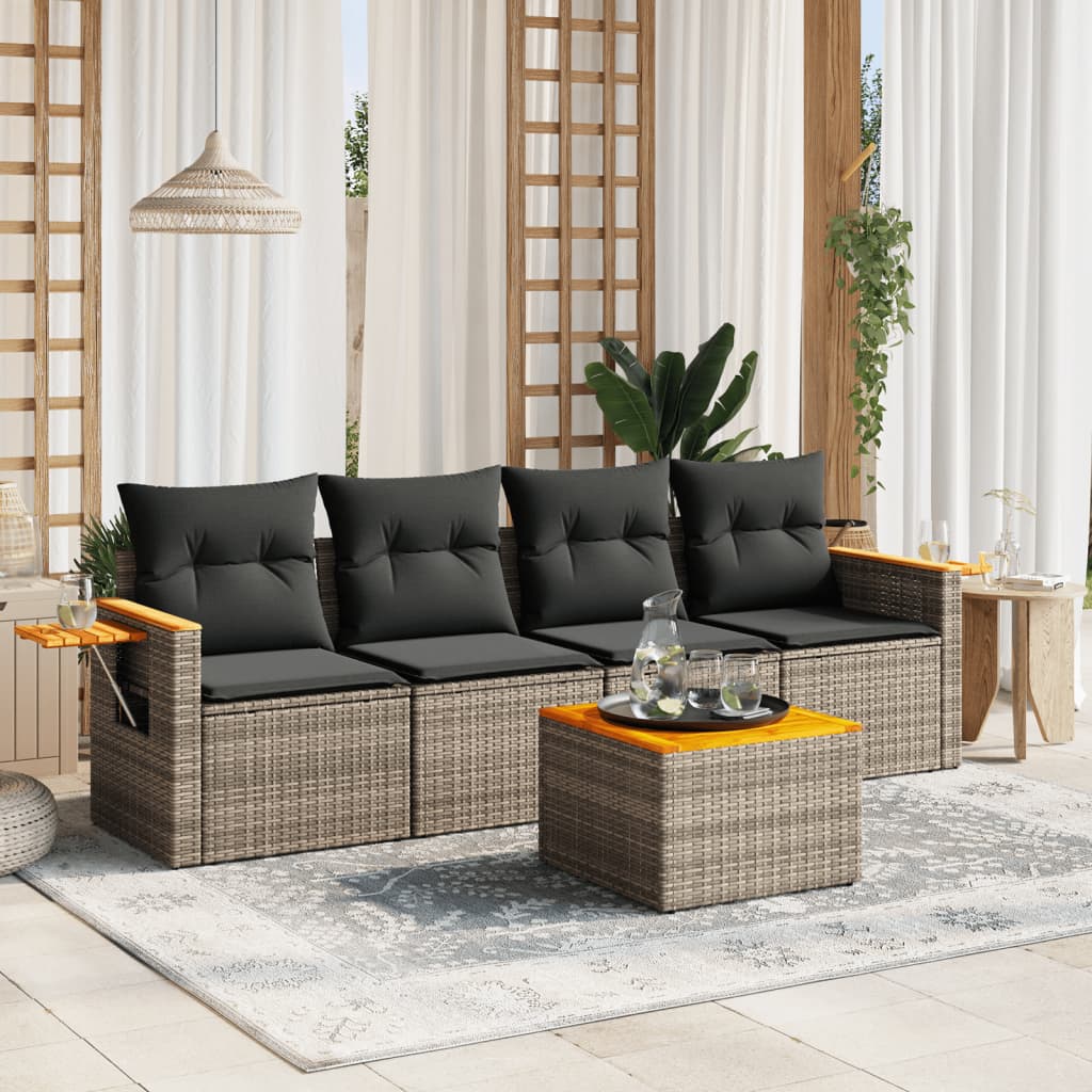 sofasæt 5 dele med hynder polyrattan grå