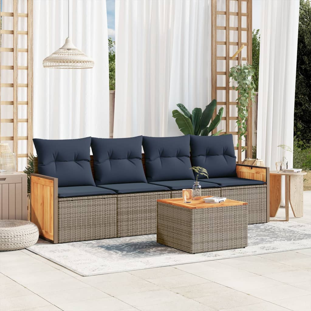havesofasæt med 5 dele og hynder grå polyrattan