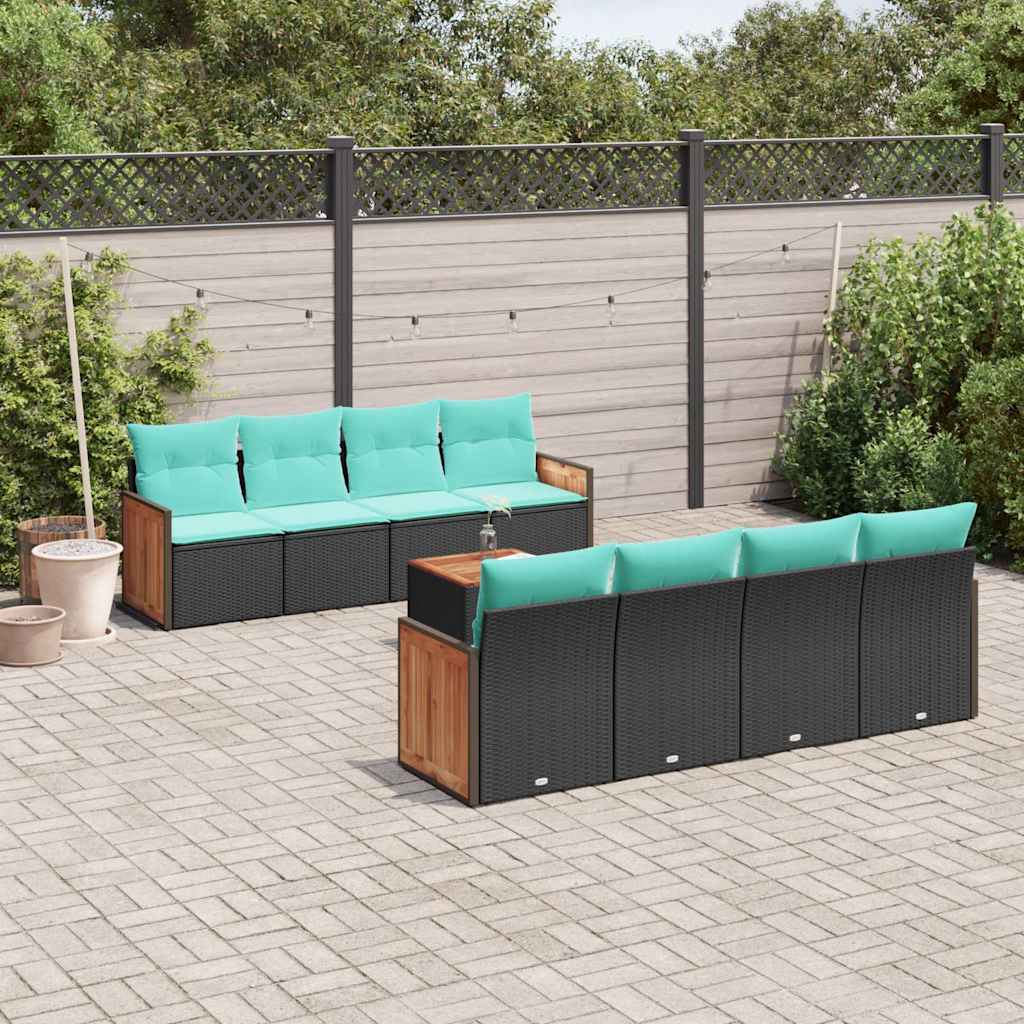havesofasæt med 9 dele og hynder sort polyrattan