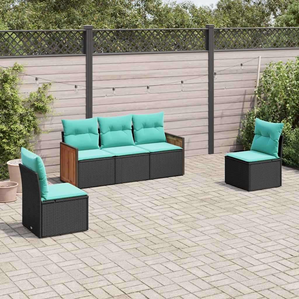 havesofasæt med 5 dele og hynder sort polyrattan