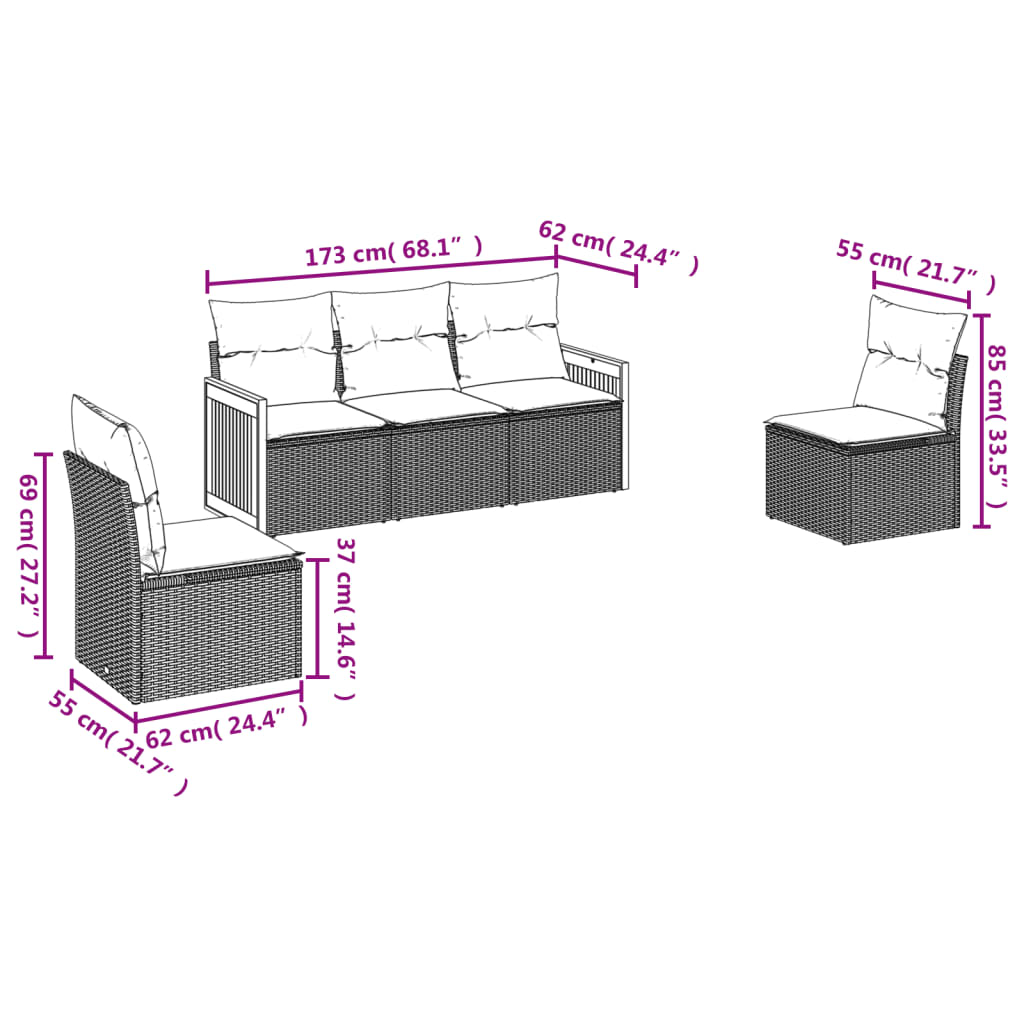 sofasæt 5 dele med hynder polyrattan grå