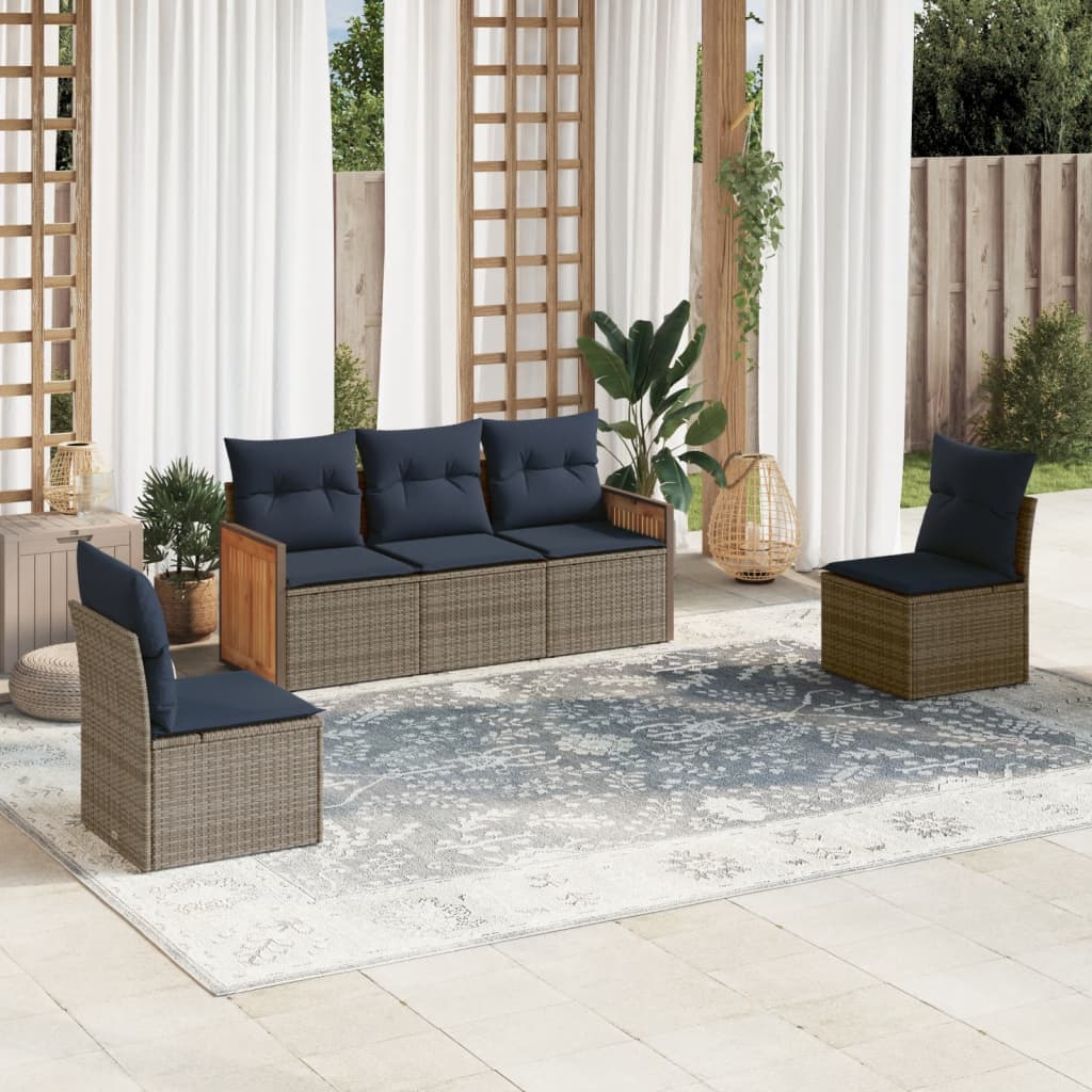 havesofasæt med 5 dele og hynder grå polyrattan
