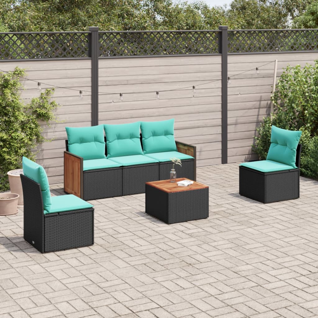 havesofasæt med 6 hynder sort polyrattan
