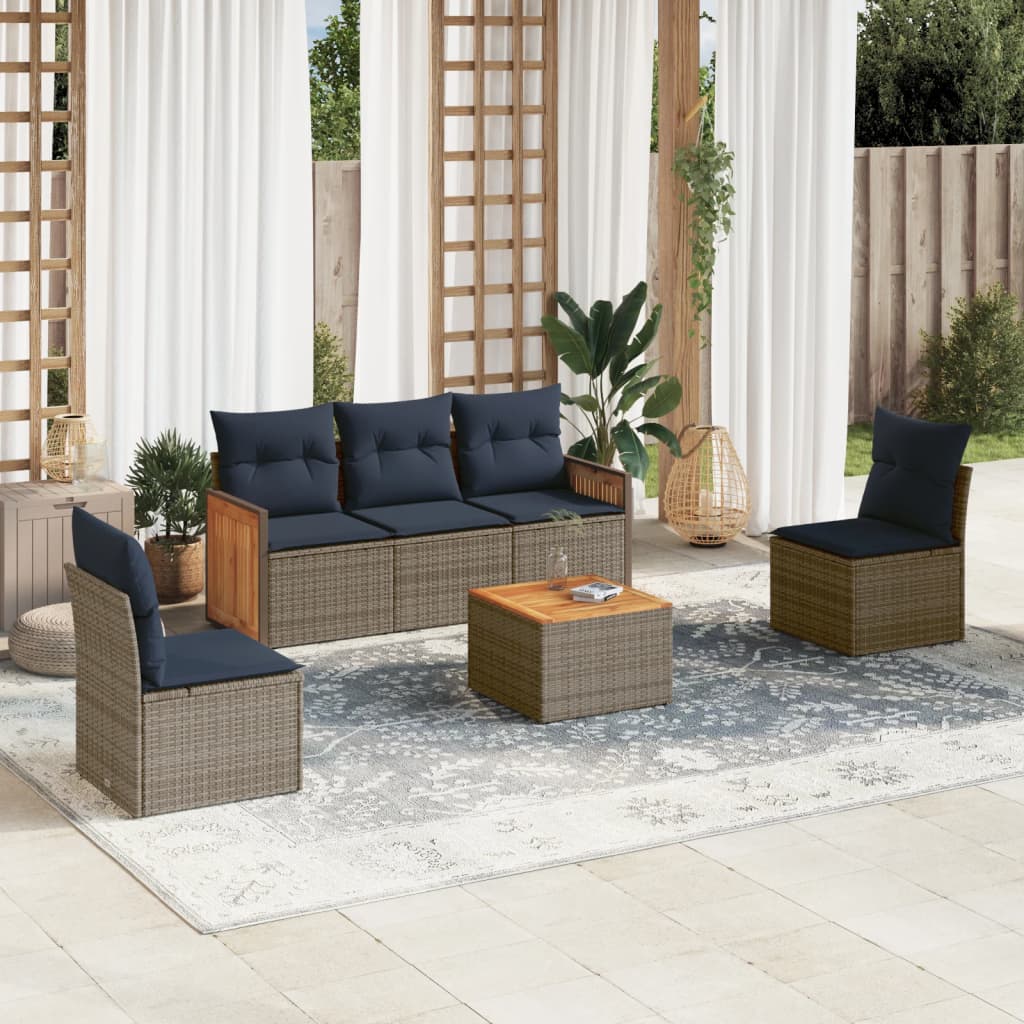 havesofasæt med 6 dele og hynder grå polyrattan