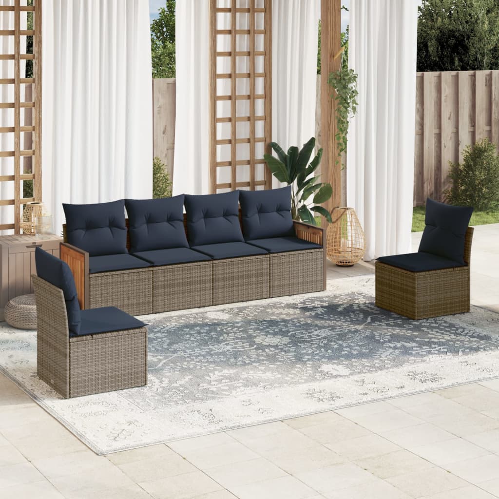 havesofasæt med 6 dele og hynder grå polyrattan