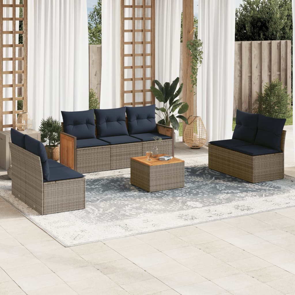 havesofasæt med 8 hynder grå polyrattan