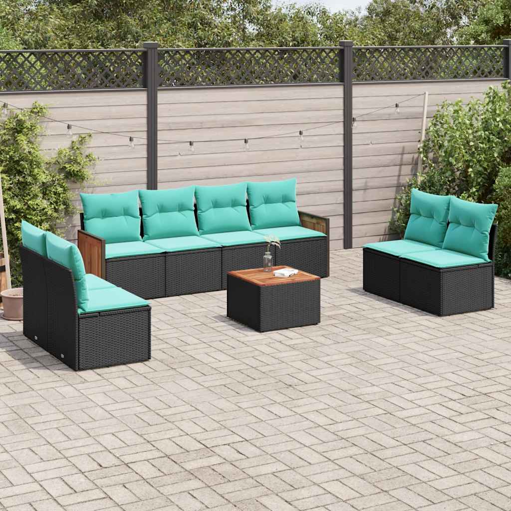 havesofasæt med 9 dele og hynder sort polyrattan