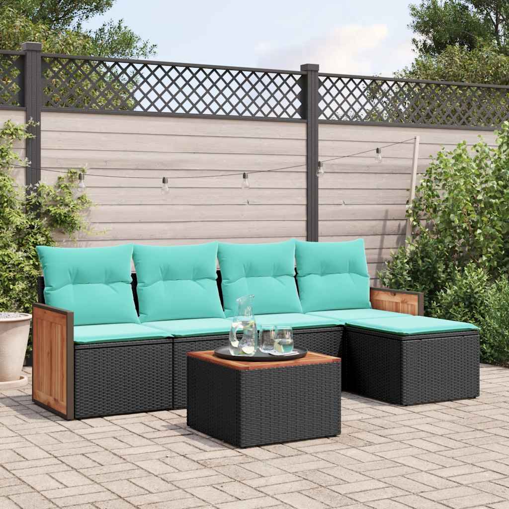 havesofasæt med 6 hynder sort polyrattan