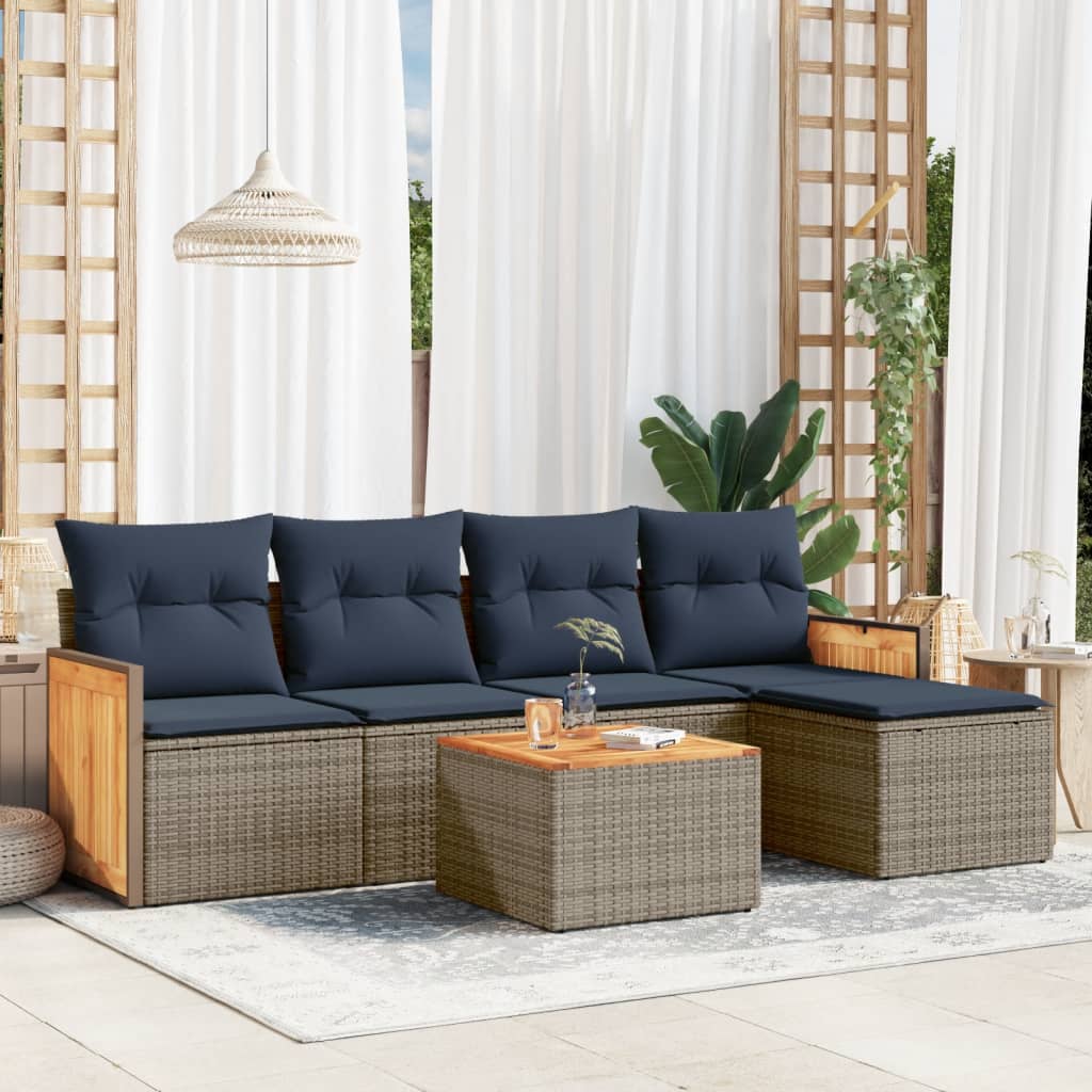 havesofasæt med 6 dele og hynder grå polyrattan