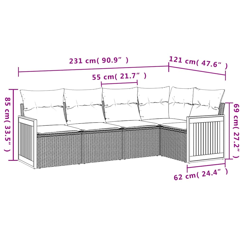 havesofasæt med 5 dele og hynder sort polyrattan
