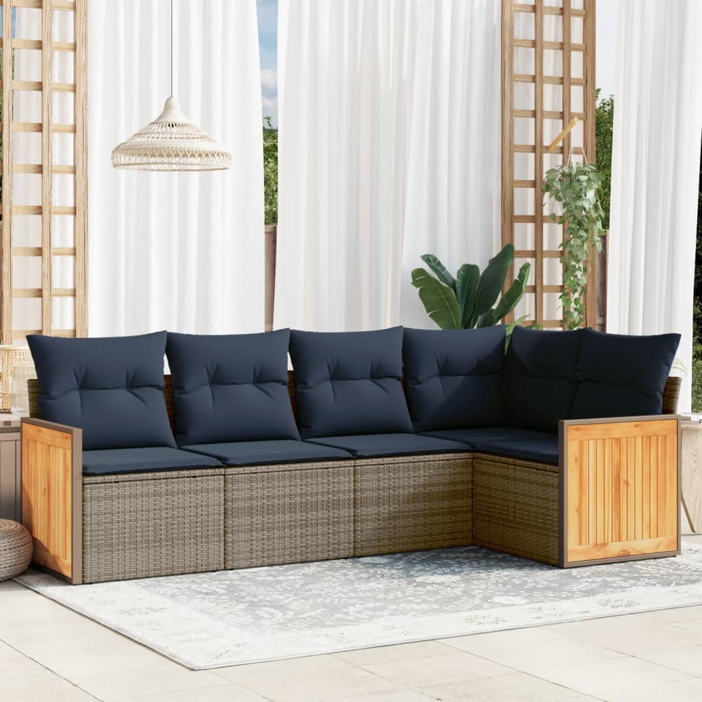 havesofasæt med 5 dele og hynder grå polyrattan