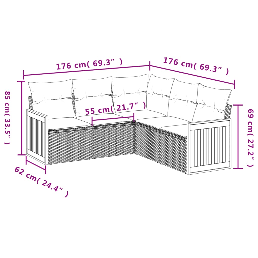 havesofasæt med 5 dele og hynder sort polyrattan