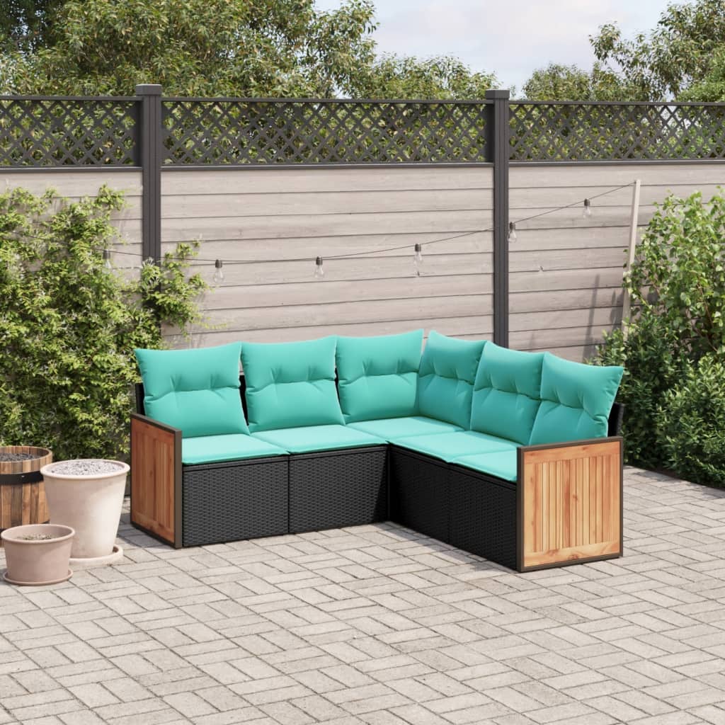 havesofasæt med 5 dele og hynder sort polyrattan