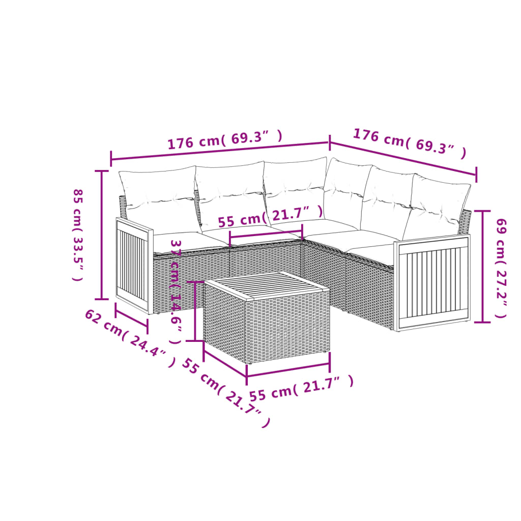havesofasæt med 6 hynder sort polyrattan