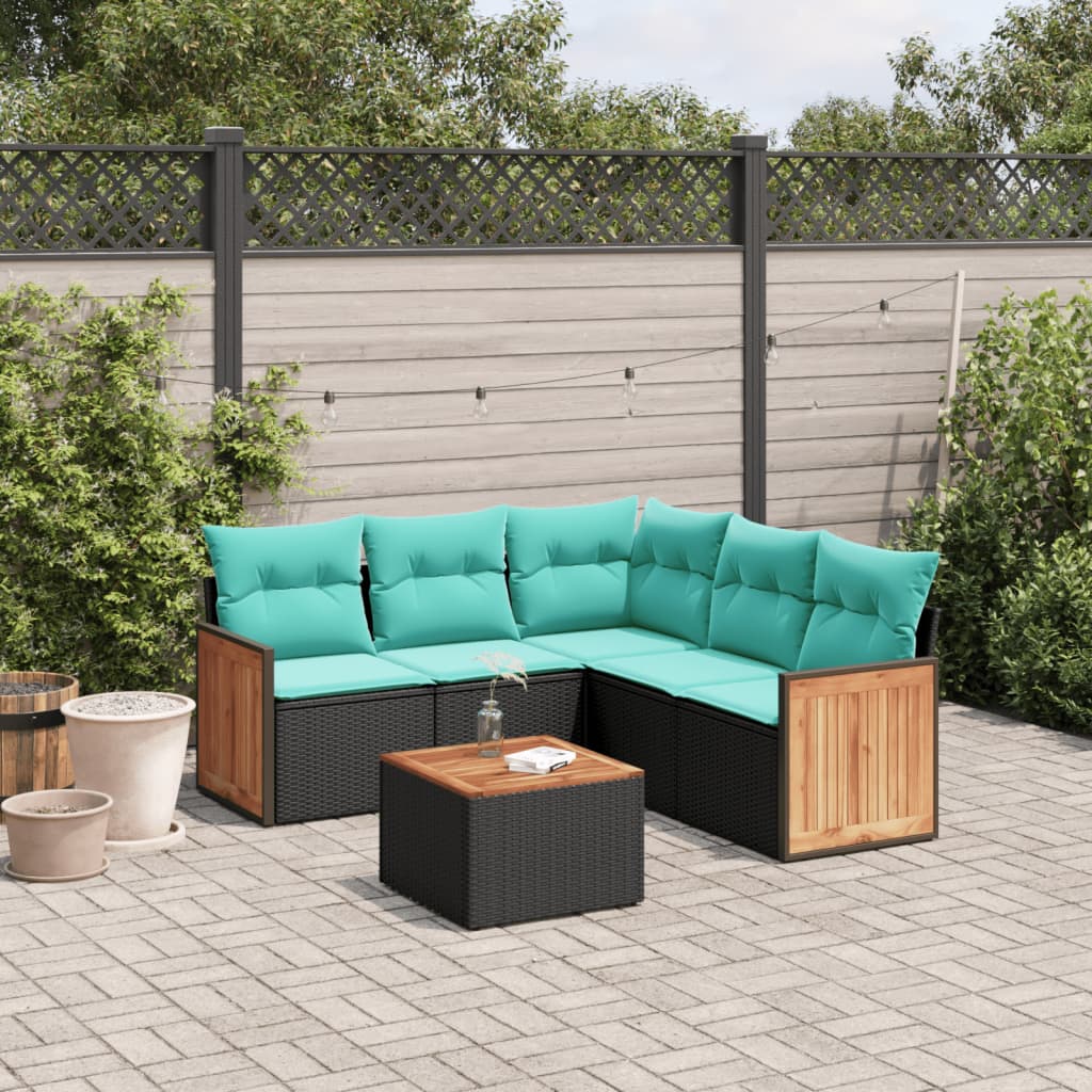 havesofasæt med 6 hynder sort polyrattan