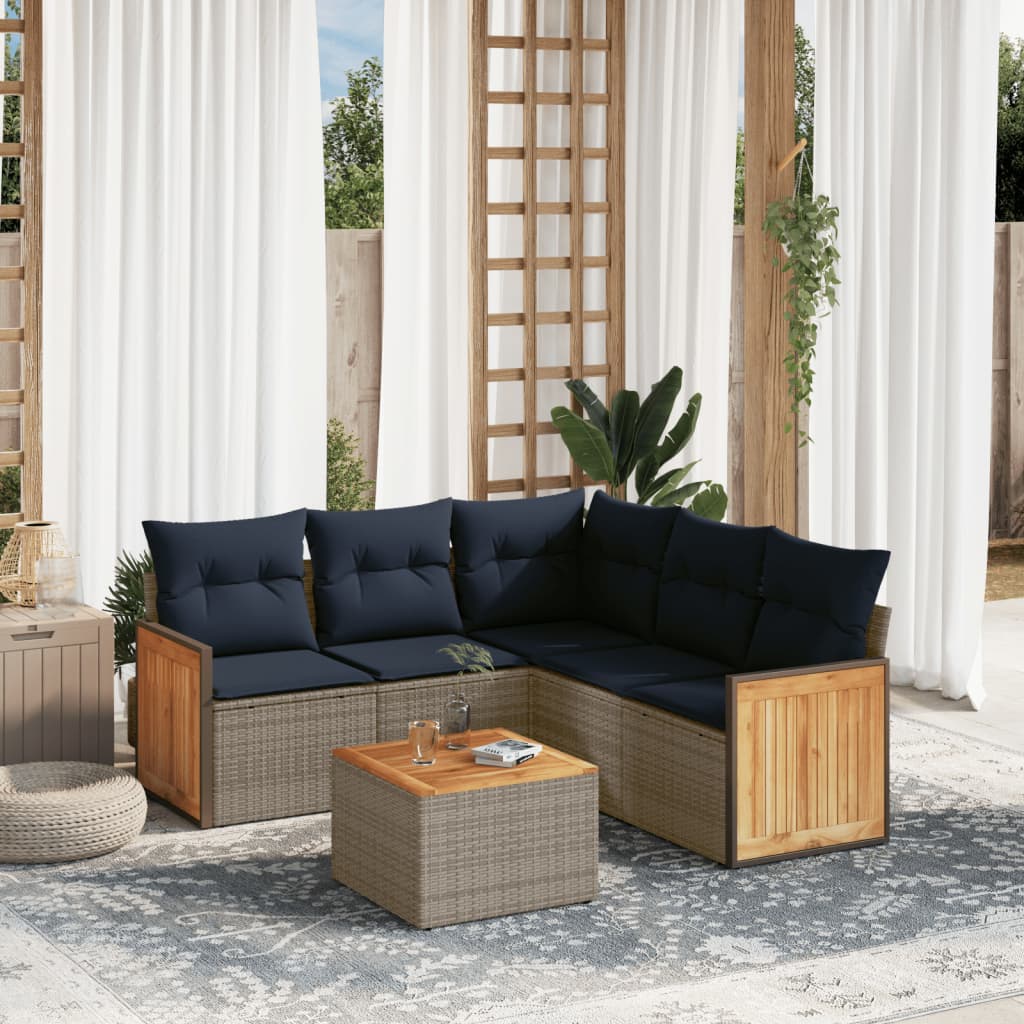 havesofasæt med 6 dele og hynder grå polyrattan