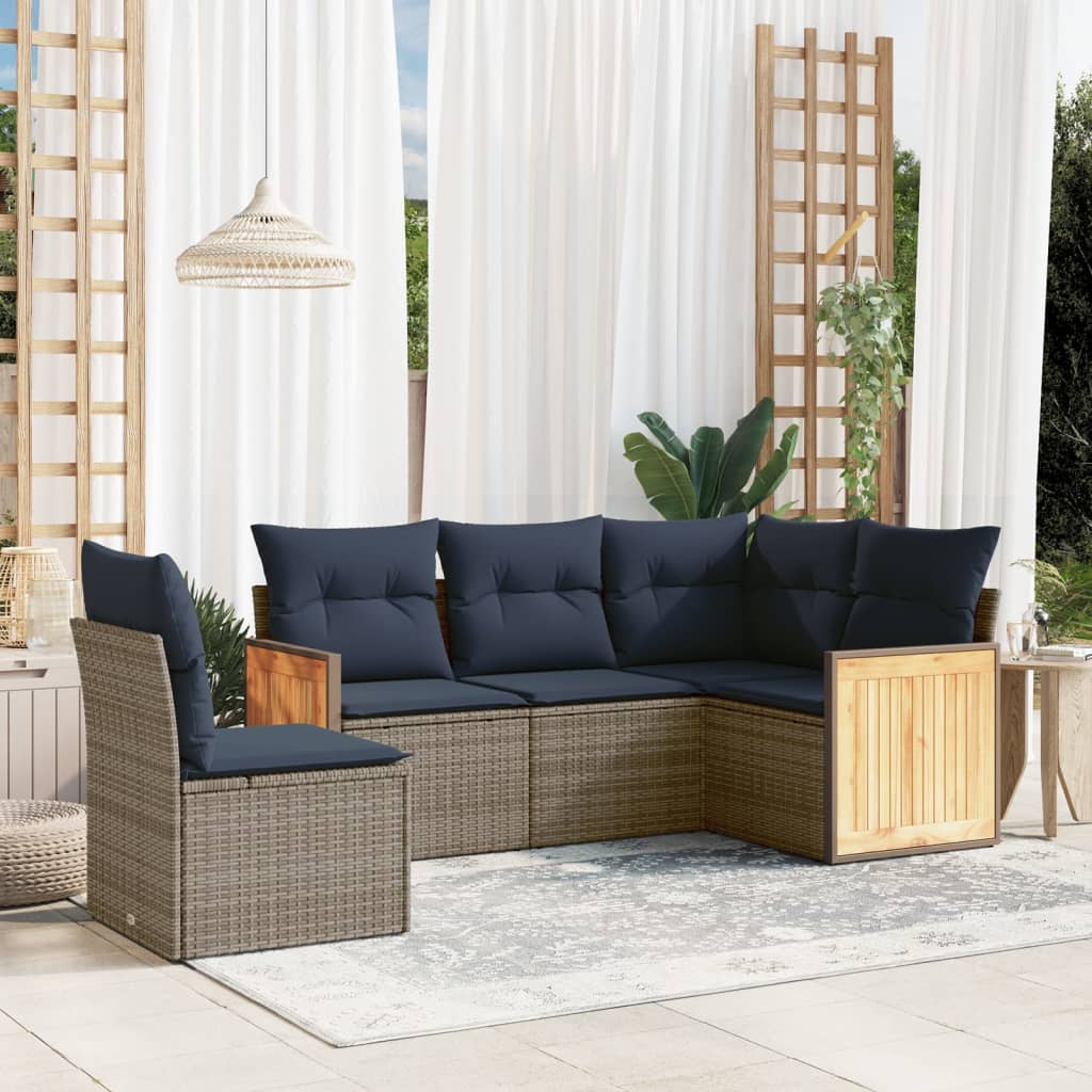 havesofasæt med 5 dele og hynder grå polyrattan