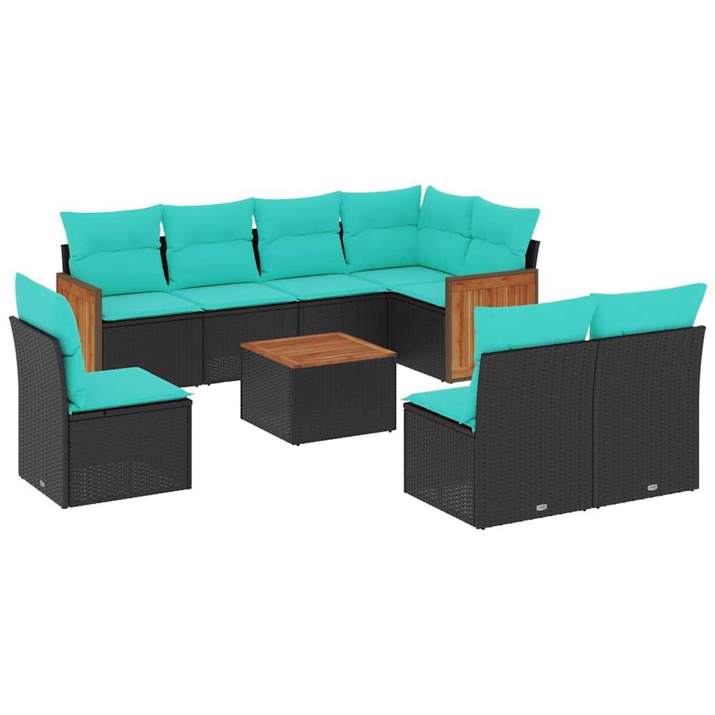 havesofasæt med 9 dele og hynder sort polyrattan