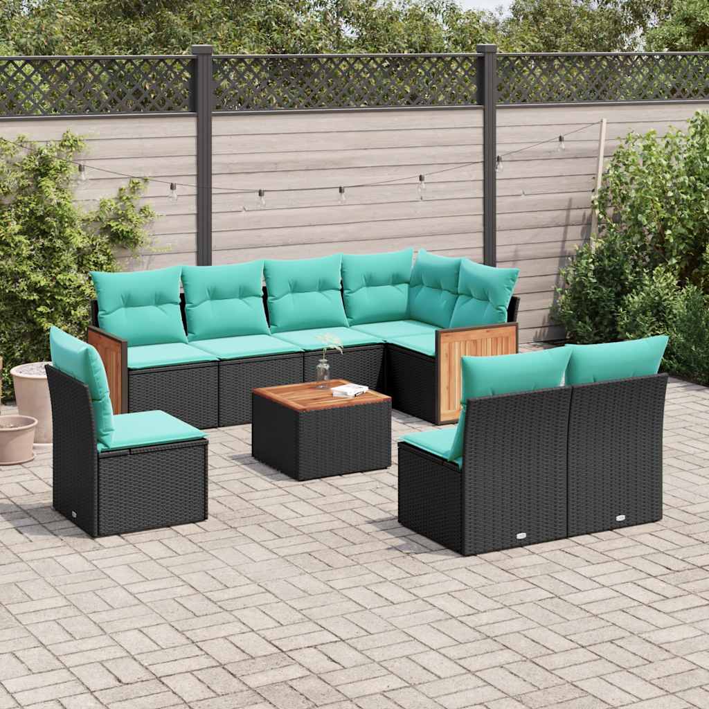 havesofasæt med 9 dele og hynder sort polyrattan