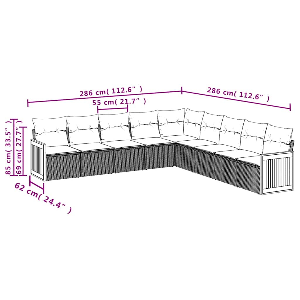 havesofasæt med 9 dele og hynder sort polyrattan