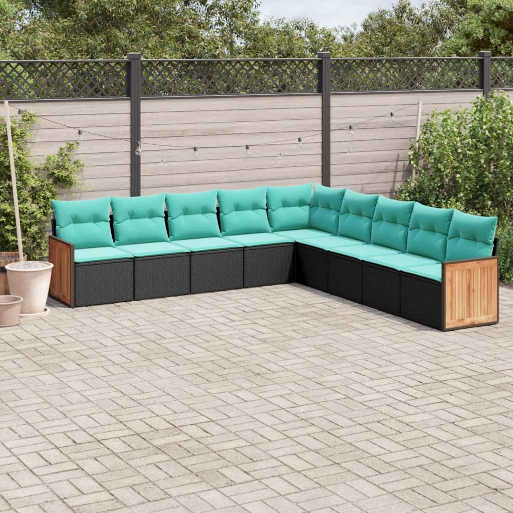 havesofasæt med 9 dele og hynder sort polyrattan