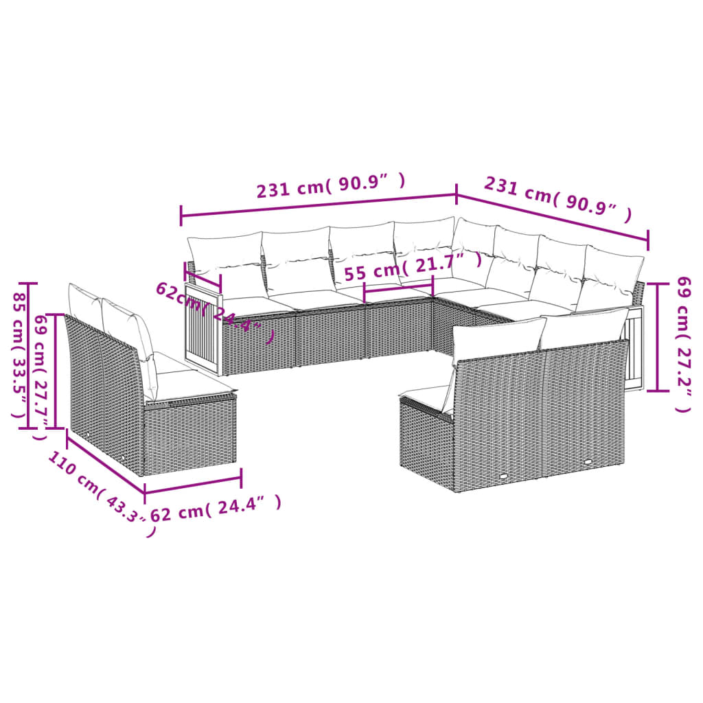 sofasæt til haven 11 dele med hynder polyrattan beige