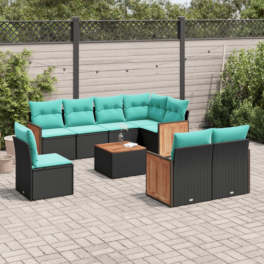 havesofasæt med 9 dele og hynder sort polyrattan