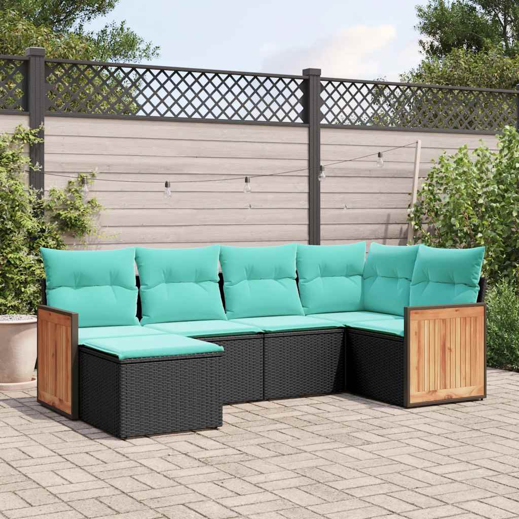 havesofasæt med 6 hynder sort polyrattan