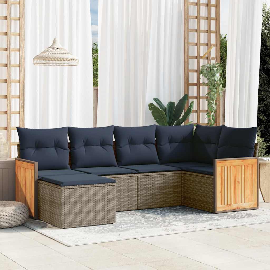 havesofasæt med 6 dele og hynder grå polyrattan