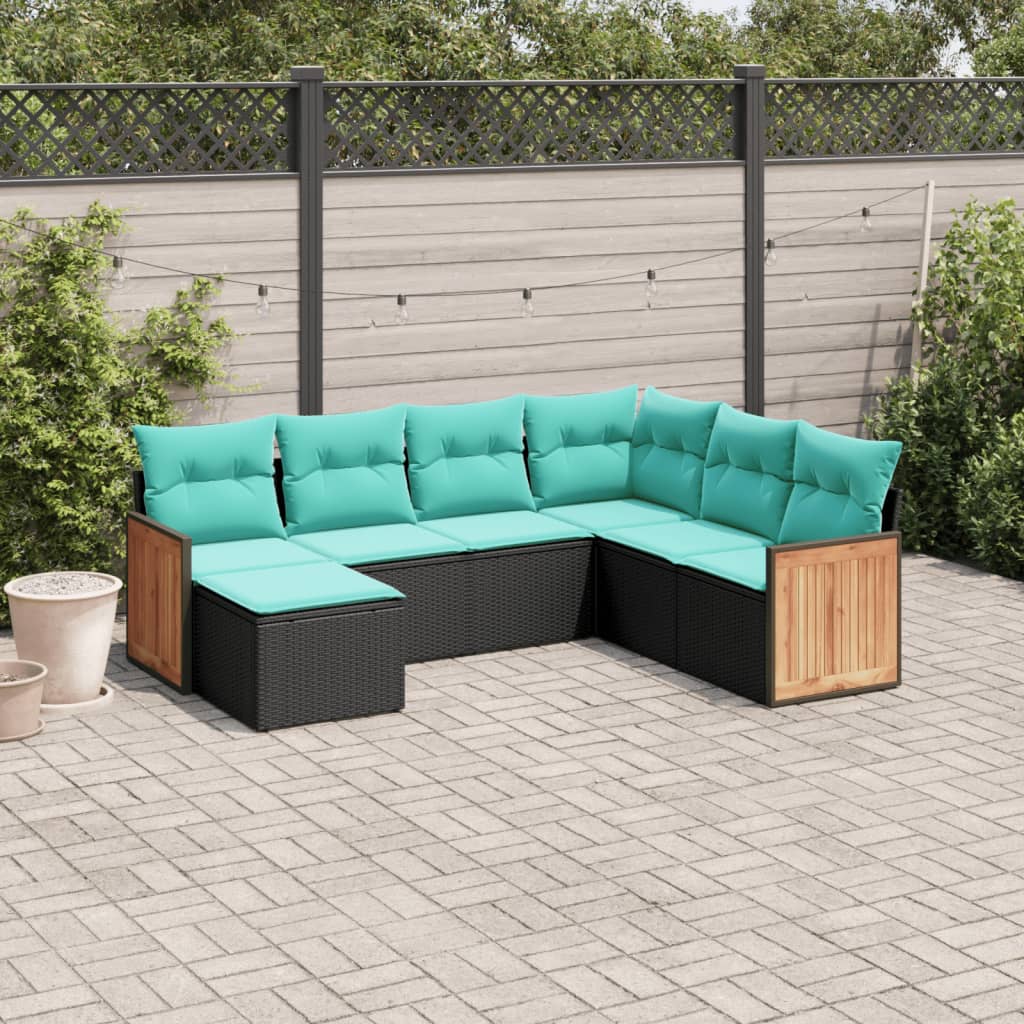 havesofasæt med 7 hynder sort polyrattan