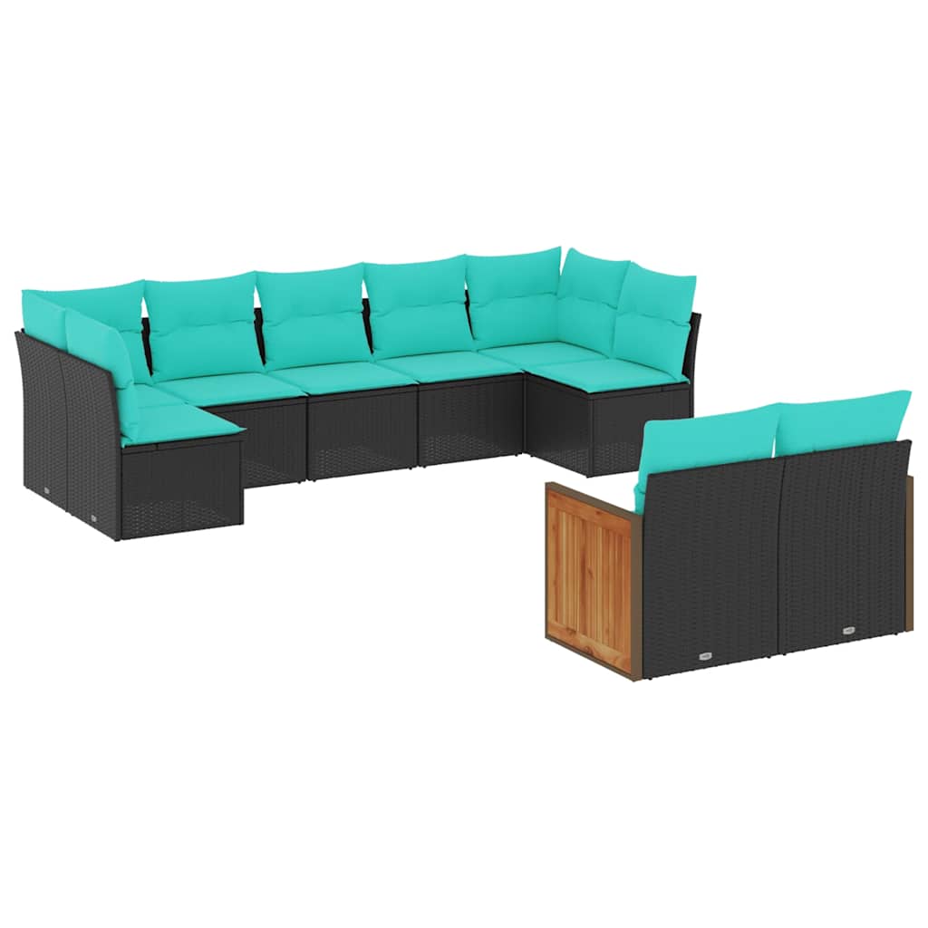 havesofasæt med 9 dele og hynder sort polyrattan