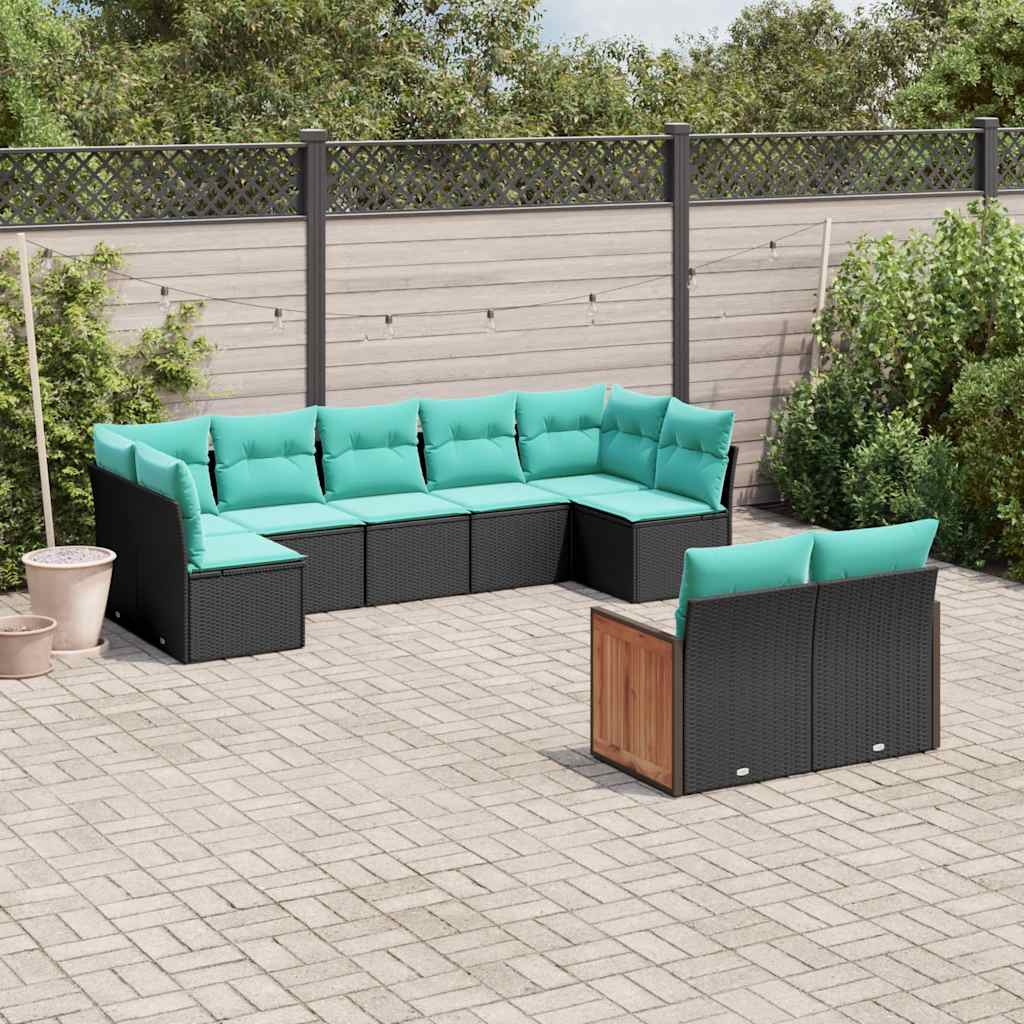 havesofasæt med 9 dele og hynder sort polyrattan