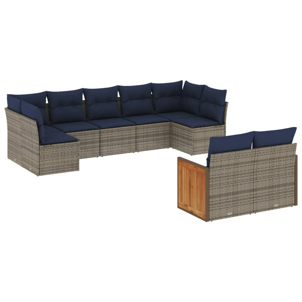 havesofasæt med 9 dele og hynder grå polyrattan