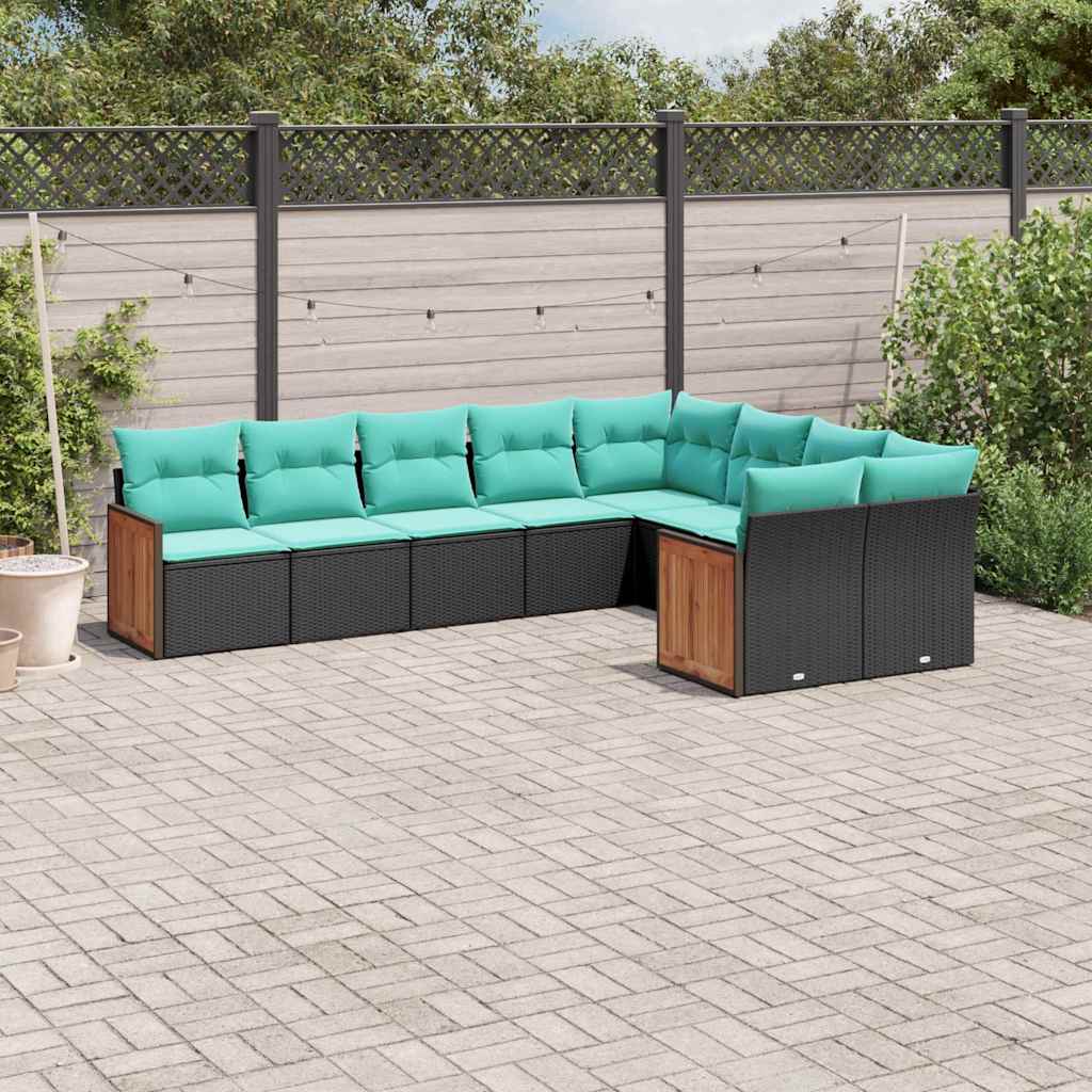 havesofasæt med 9 dele og hynder sort polyrattan