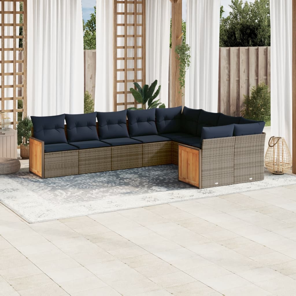 havesofasæt med 9 dele og hynder grå polyrattan