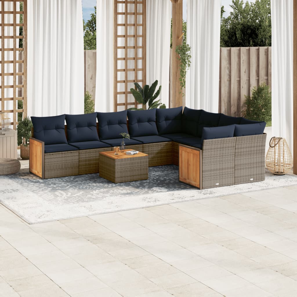 havesofasæt med 10 dele og hynder grå polyrattan